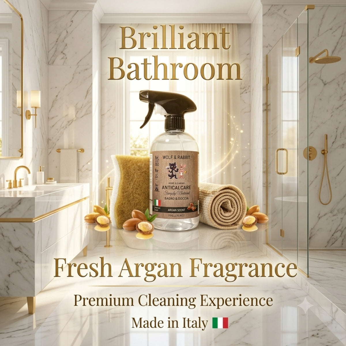 WOLF & RABBIT Anticalcaire naturel à base végétale 500ml kit Nettoyant, formule non agressive pour animaux de compagnie à l'Argan pour Douche, salle de bain, cuisine, Robinetterie et Céramique - Fabriqué en Italie